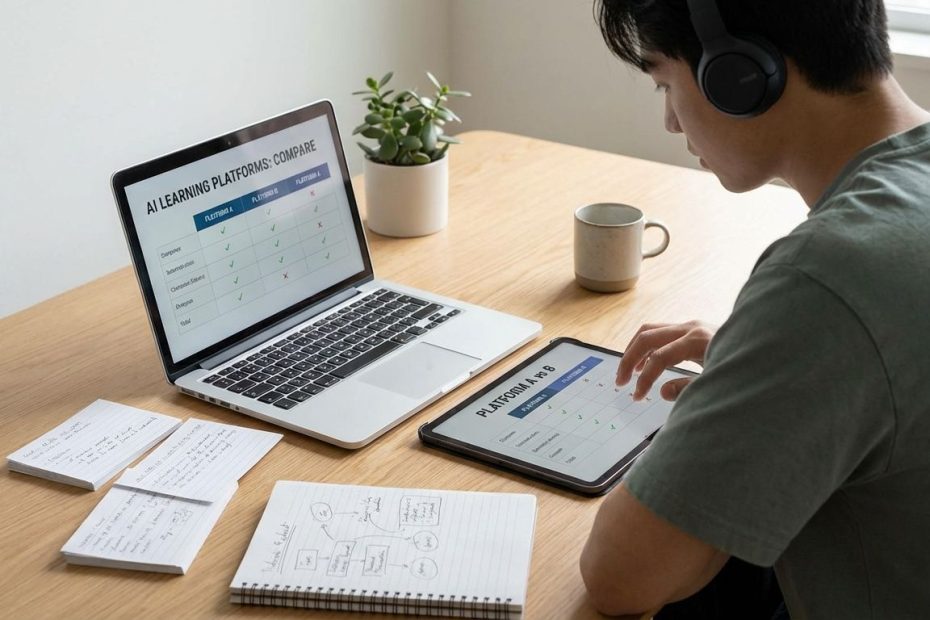 Student using a laptop with AI learning platforms open, alongside flashcards, math notes, and a language practice app.